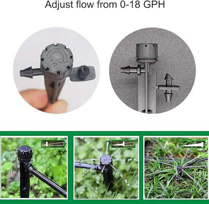 25 Pcs Drip Irrigation Emitters, Adjustable Flow 0-18 GPH Irrigation Drippers with Stake, 360 Degree Flow Sprinkler Head, Micro Sprinkler for Garden Patio Lawn Flower Bed