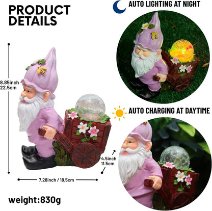 Solar Garden Gnome Statue with Crackle Glass Globe Lights, Waterproof Outdoor Decor for Patio, Lawn, or Yard, Whimsical Housewarming Gift(Pink Gnomes)