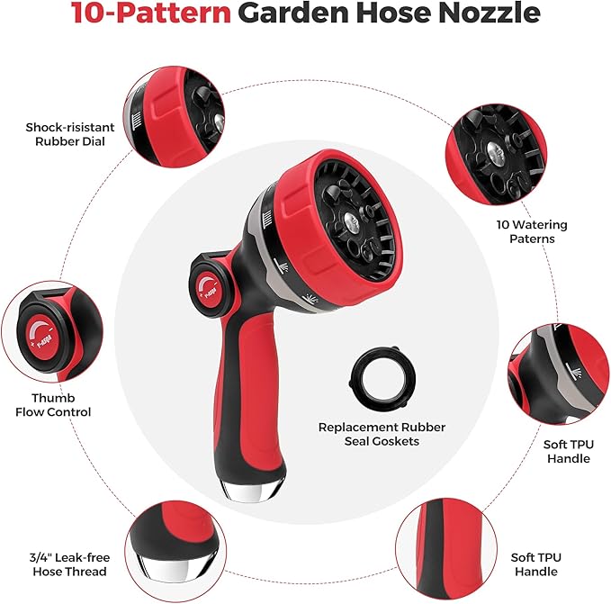 YASQA 50 ft Garden Hose with Nozzle,Lightweight 5/8in Water Hose with 10 Functions Spray Nozzle,3/4'' Heavy Duty Brass Fittings,Durable Kink Free Rubber Pipe for Yard, Car, Pets,Outdoor