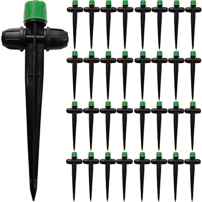 RONYOUNG 35pcs Drip Irrigation Emitters Sprayer for 1/4" Drip Irrigation Tubing Adjustable 360 Degree Water Flow Drippers on 5.3" Sturdy Stake with Lock Barbed Irrigation Drippers