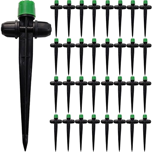 RONYOUNG 35pcs Drip Irrigation Emitters Sprayer for 1/4" Drip Irrigation Tubing Adjustable 360 Degree Water Flow Drippers on 5.3" Sturdy Stake with Lock Barbed Irrigation Drippers