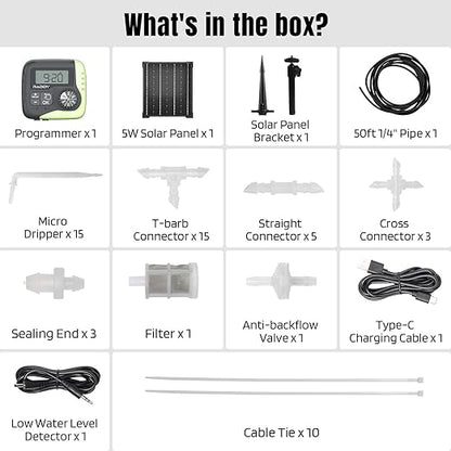 Raddy WS-1 Drip Irrigation Kit, 5W Solar Powered Automatic Watering System, Easy DIY Water Timer for Plants on The Balcony, Gardens, and Green House, Supported 15 Pots
