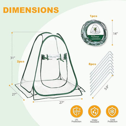 2pcs Quick Set up Mini Greenhouse Portable Small PVC Cover for Garden Flower and Flowerpot Cold Frost Protector Portable Carry Bag with 8 Stakes(PVC(27" L x 27" W x 31" H))