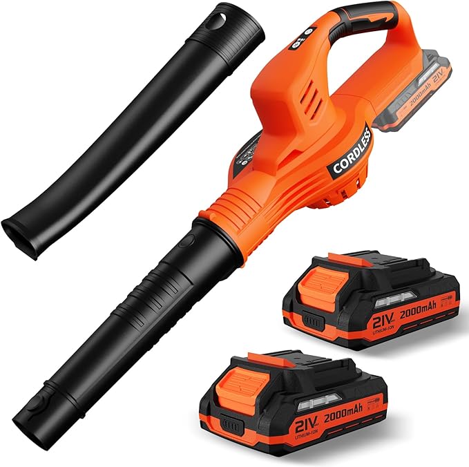 Leaf Blower Cordless - 21V Powerful Electric Leaf Blower with 2 Batteries and Charger, 2 Speed Modes, 2.0Ah Lightweight Battery Powered Leaf Blowers for Lawn Care, Patio, Dust, Blowing Leaves