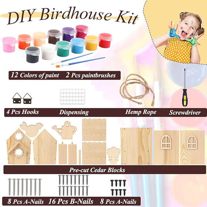 DIY Birdhouse Kit for Kids and Adults - Wooden Bird House Kit with Paint, Brushes, Glue, and Hanging Twine for a Hanging Birdhouse - Ideal Gift for Garden and Courtyard Outdoor Decor