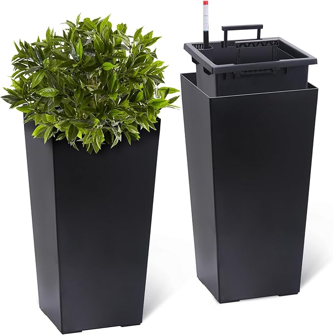 GarveeLife 22.5 in Tall Planters Set of 2, Outdoor＆Indoor Black Planter Pots, High Front Porch Planter Pots with Drainage Holes＆Water Level Monitor＆Inner Bucket, Automatic Watering, Black