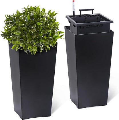 GarveeLife 22.5 in Tall Planters Set of 2, Outdoor＆Indoor Black Planter Pots, High Front Porch Planter Pots with Drainage Holes＆Water Level Monitor＆Inner Bucket, Automatic Watering, Black