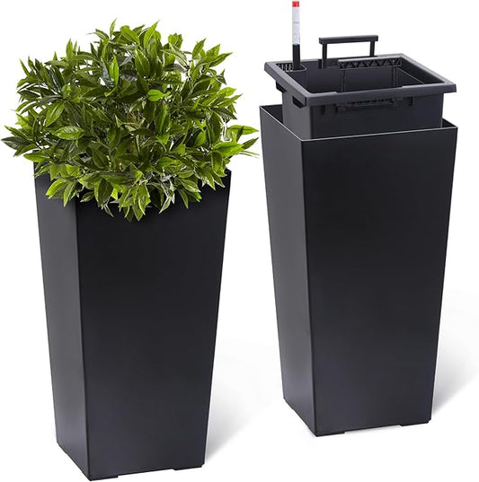GarveeLife 22.5 in Tall Planters Set of 2, Outdoor＆Indoor Black Planter Pots, High Front Porch Planter Pots with Drainage Holes＆Water Level Monitor＆Inner Bucket, Automatic Watering, Black