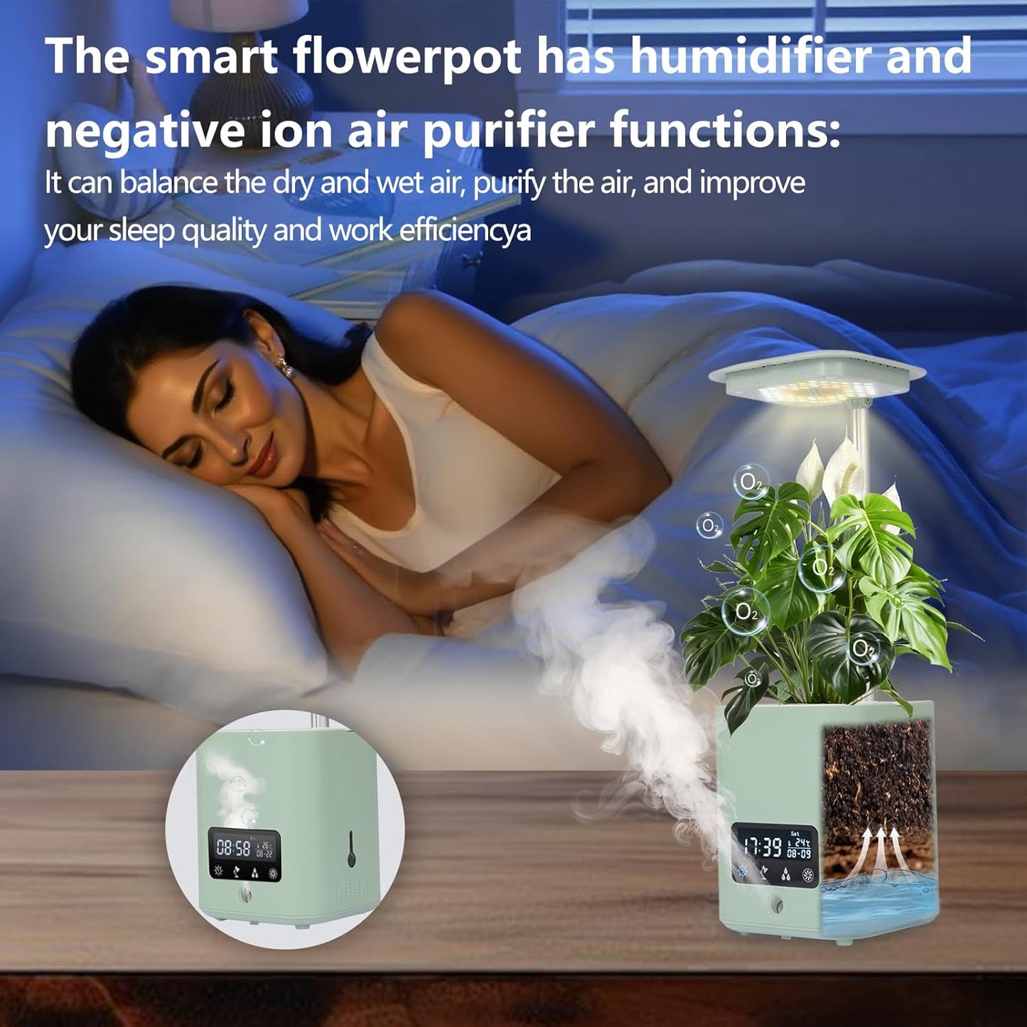 Multifunctional Intelligent Flower Pot,Indoor Desktop Green Hydroponics Planting Flowerpot with Bluetooth Speaker,Adjustable Plants LEDGrow Light,humidifier, Air Purification,Desk lamp