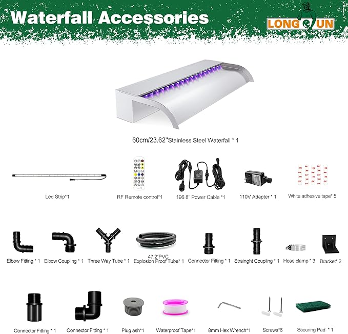 Waterfall Pool Fountain, LONGRUN Stainless Steel Waterfall Spillway for Pools and Ponds - 23.6" Wide Decorative Water Feature for Swimming Pools, Koi Ponds, and Garden