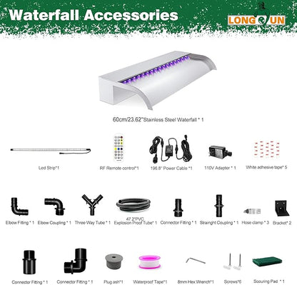 Waterfall Pool Fountain, LONGRUN Stainless Steel Waterfall Spillway for Pools and Ponds - 23.6" Wide Decorative Water Feature for Swimming Pools, Koi Ponds, and Garden