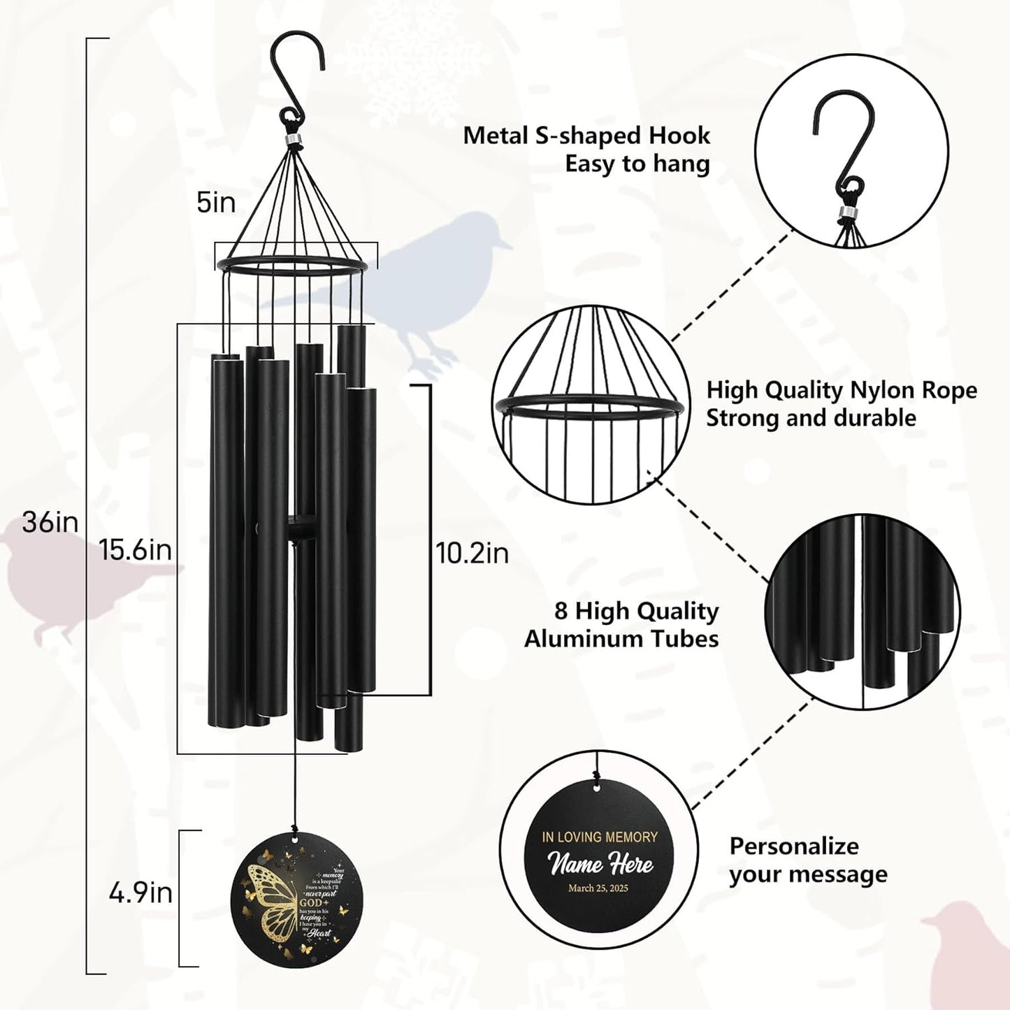 Personalized 36" Memorial Wind Chimes, Bereavement Gift to Honor a Loved One's Remembrance, Sympathy Gift for Loss of Mother Father Husband, for Outdoor Garden