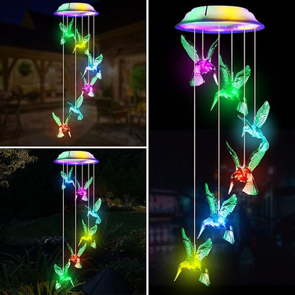 Fohil Solar Hummingbird Wind Chimes, Color Changing Solar Wind Chimes for Outside, LED Waterproof Solar Powered Hanging Lights Outdoor Valentine Decorations, Gifts for Women Mom Grandma