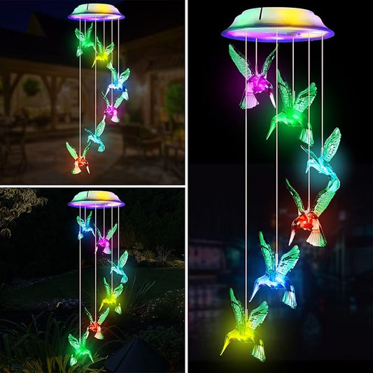 Fohil Solar Hummingbird Wind Chimes, Color Changing Solar Wind Chimes for Outside, LED Waterproof Solar Powered Hanging Lights Outdoor Valentine Decorations, Gifts for Women Mom Grandma