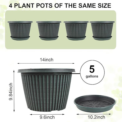 Large-Planter-Indoor-Outdoor Plant Pots, 14 inch 4 Pack Plastic Flower Pots with Saucer And Drainage Holes, Modern Garden Planters For Planting Medium Large Plants， Decorative Resin Garden Pots