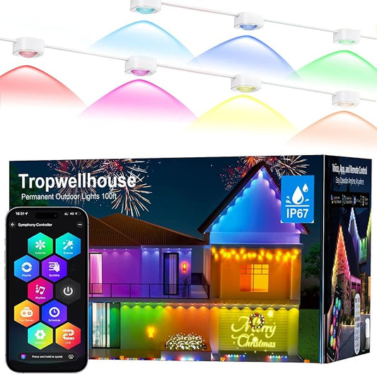 Permanent Outdoor Light Pro, 100ft with 72 RGB+IC LED Lights, 90 Scene Modes, AI Light Design, IP67 Waterproof for Halloween Christmas Decor and Daily Lighting, Work with Alexa, Google