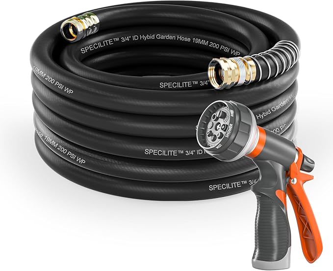 SPECILITE Garden Water Hose 75 ft x 3/4 in Heavy Duty, Flexible and Lightweight, Burst 600 psi, Kink-less Hybrid Rubber Pipe for Backyard, 3/4'' Brass Fittings, Black