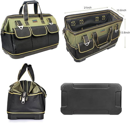 Tool Bag, Ounic 22 Inch Large Heavy Duty With Wide Mouth and Waterproof Strong Molded Base tool Organizer with Adjustable Shoulder Strap Specially Designed for Various Tools（Green)