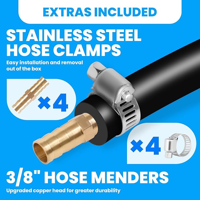 3/8 Inch Self Sinking Aeration Hose for Aquaculture Fountain Irrigation Aerator Hose Kit with 4 Menders and 4 Stainless Steel Clamps