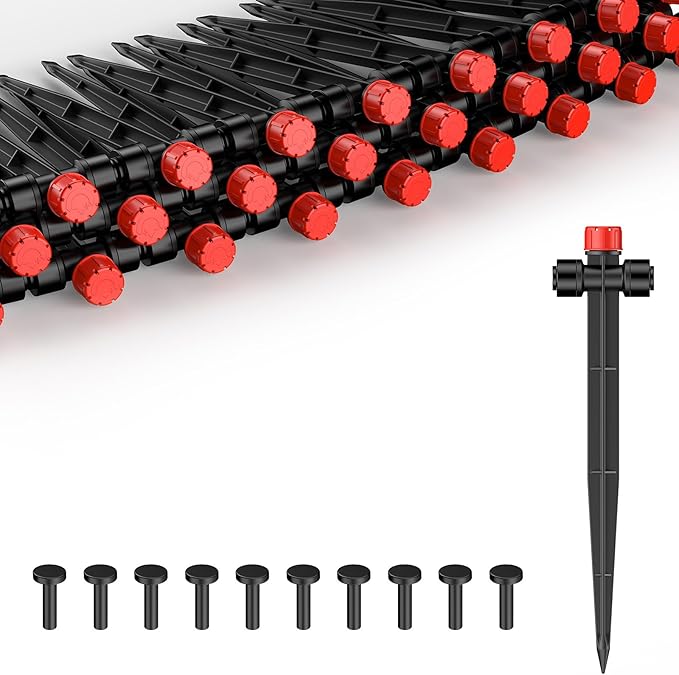 Pawfly 30 Pcs Push-to-Fit Drip Irrigation Emitters, 8-Stream Sprinklers Drip Emitters for 1/4 Inch Tubing with Stake & End Plugs, Two-Way Connection Irrigation Drippers with Adjustable Water Flow
