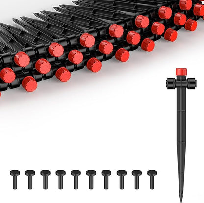 Pawfly 30 Pcs Push-to-Fit Drip Irrigation Emitters, 8-Stream Sprinklers Drip Emitters for 1/4 Inch Tubing with Stake & End Plugs, Two-Way Connection Irrigation Drippers with Adjustable Water Flow