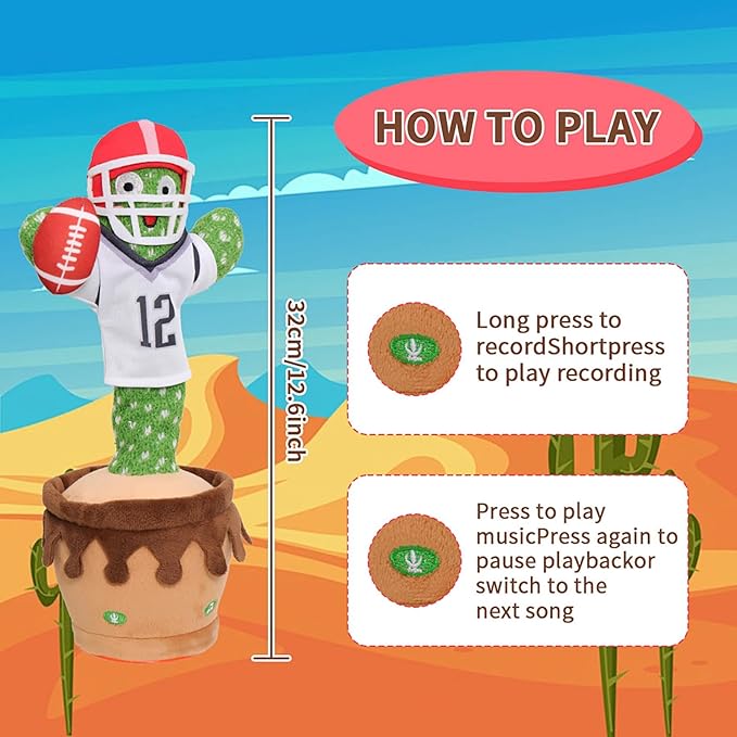 MIAODAM Dancing Football Cactus Toy, Singing, Talking, Record & Repeats What You say with 60 English Songs, Funny Eletronic Baby Toys