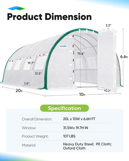 Quictent Premium Greenhouse Swing Door Large Walk-in Green Houses for Outdoors, Upgraded Tunnel Hoop House Frame and Cover for Outside Garden Plant, 2 Swing Door 8 Screen Window, 20x10x6.6 FT, White