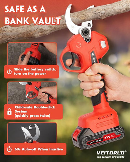 VEITORLD Electric Pruning Shears, Upgraded 1.6" Cutting Diameter Cordless Pruner with Brushless Motor, 2 * 2000mAh Rechargeable Batteries & SK5 Blade, Effortless Garden Pruning Tool for Tree Branches