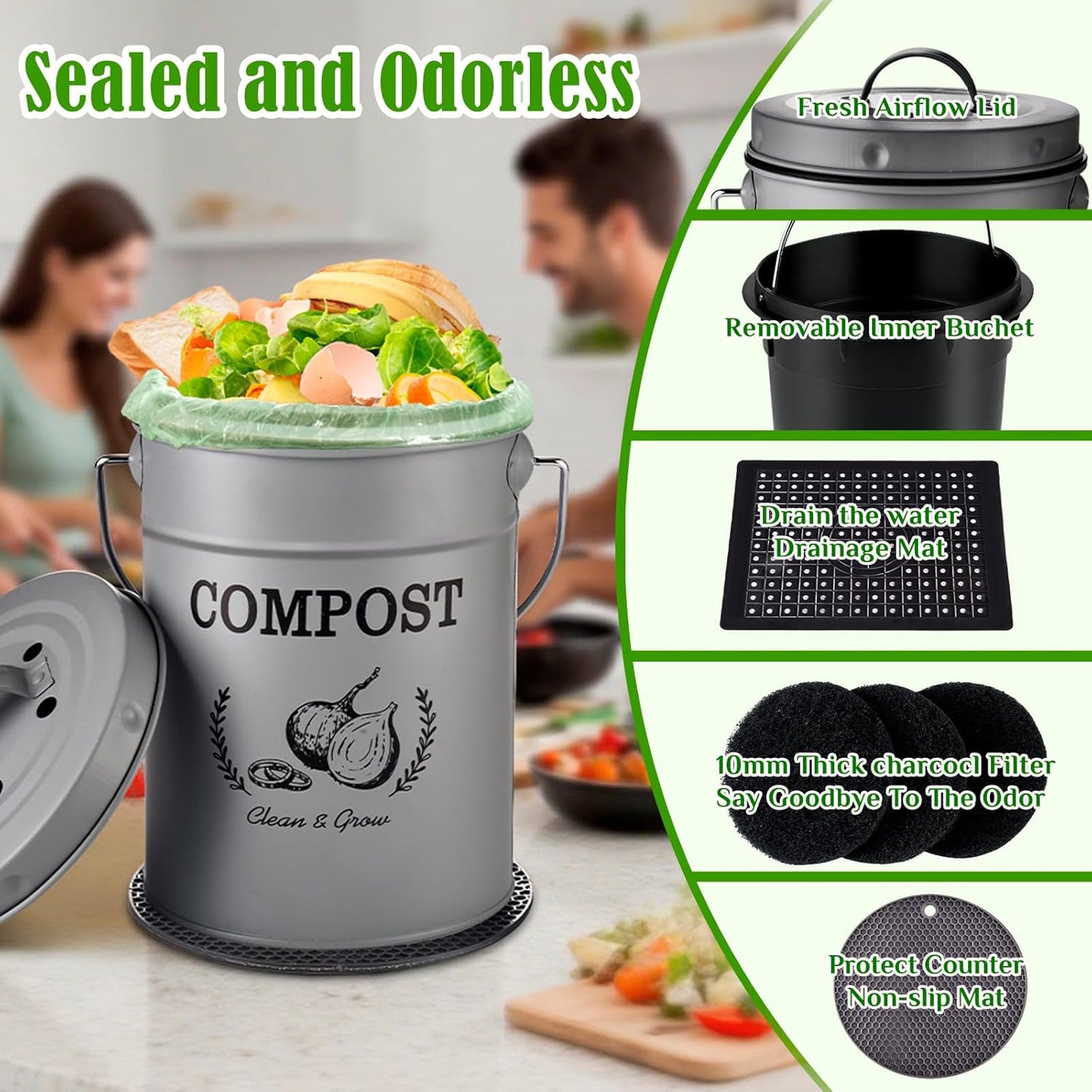 AOSION Countertop Compost Bin Kitchen,Odorless Indoor Compost Bin with Lid and Compost Bags,Compost Bucket Composter Container for Food Waste,Grey