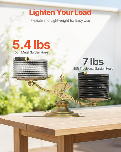 VEVOR Garden Hose Metal 50FT – Heavy Duty Stainless Steel Water Hose, Flexible, No Kink & Tangle, Puncture Resistant & Rust Proof, Lightweight w/ 10-Function Spray Nozzle for Yard, Outdoor, Gardening
