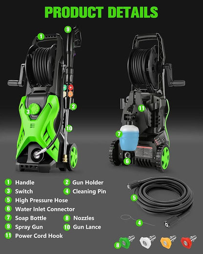 5000 PSI 2.8 GPM Pressure Cleaner High Power Cleaner Adjustable Pressure 2500PSI-5000PSI with 33FT Extension Hose Reel, 4 Nozzles and Soap Bottle for Cars/Fences/Driveways (Green, Hose Reel)