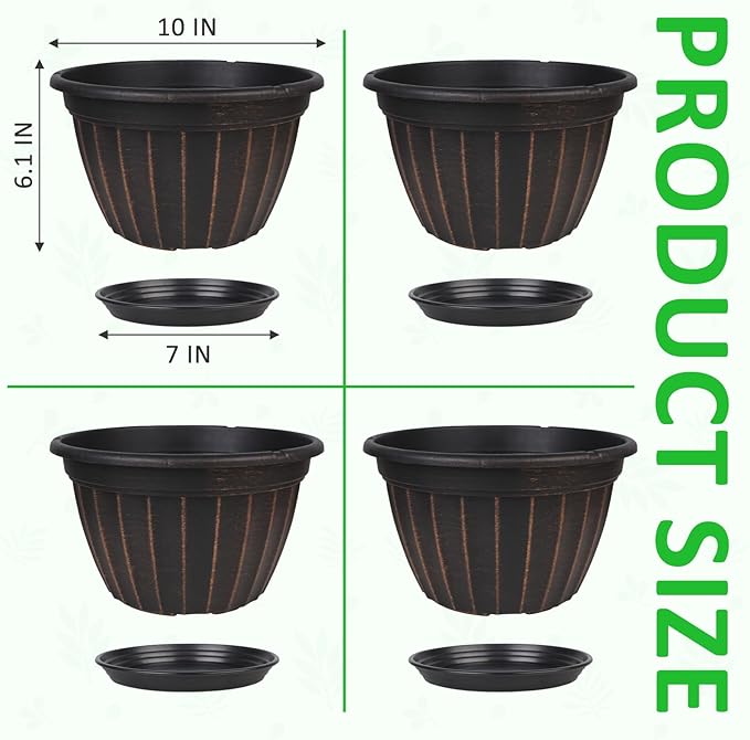 FGstyle 10 Inch Plants Pot,4 Pack Flower Pots,Planters Pot with Drainage Hole & Saucer,Modern Planters for Indoor Outdoor Plants,Decorative Resin Garden Pots for Outdoor Indoor Home Plants (Black)
