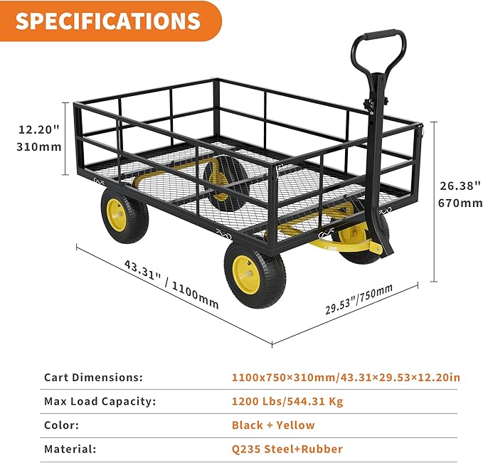 3-in-1 Heavy-Duty Steel Garden Cart, 1200 Lbs Garden Wagon, with 13 Inch All-Terrain Tires and Removable Mesh Side Panels, 180° Rotating Handle, Metal Utility Yard Trailer, Outdoor Gardens Wagon Cart