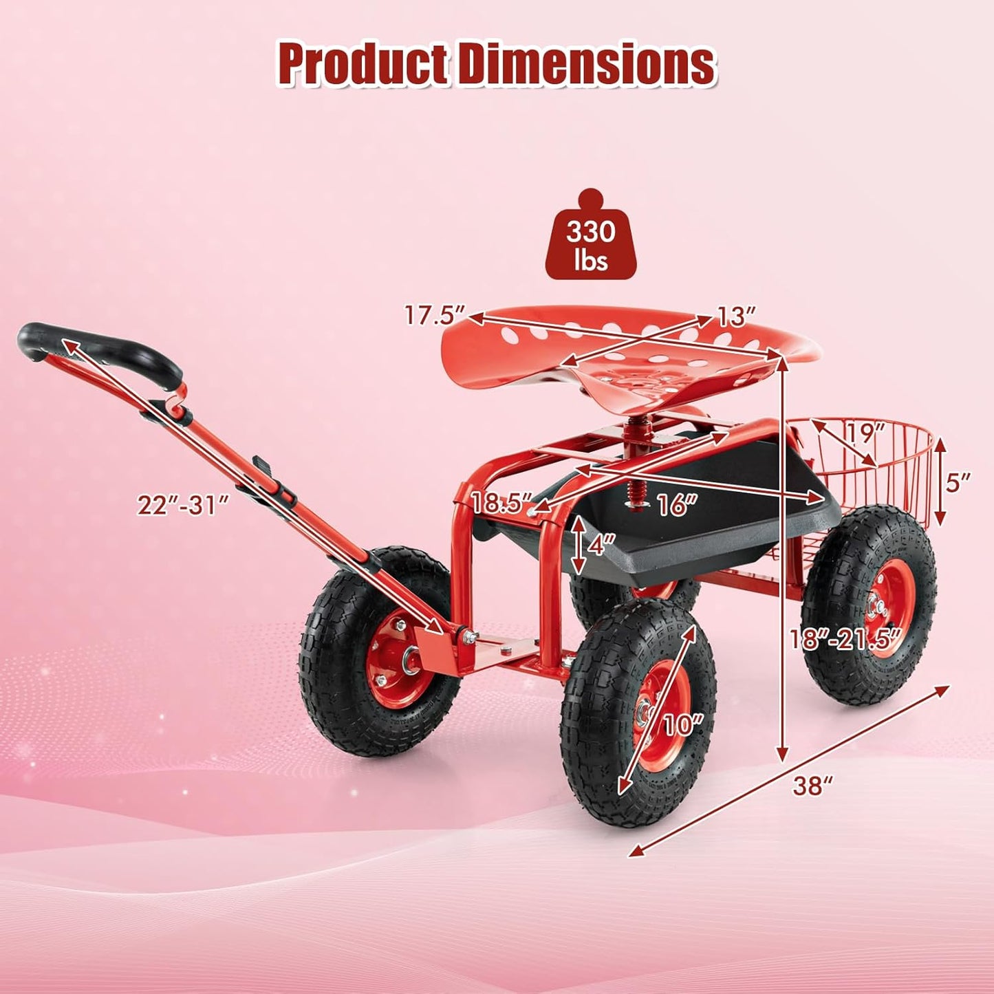 Goplus Rolling Garden Cart with Seat, Outdoor Garden Stool with Wheels, Tool Tray & Basket, Adjustable Steering Handle, 360 Degree Swivel Seat for Planting, Gardening Scooter for Lawn, Yard, Patio