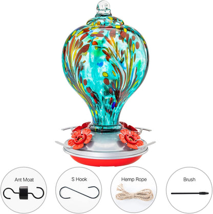 Hummingbird Feeders 32OZ Glass Hummingbird Feeder with Ant Moat, Yard Porch Decor (Teal Blue)