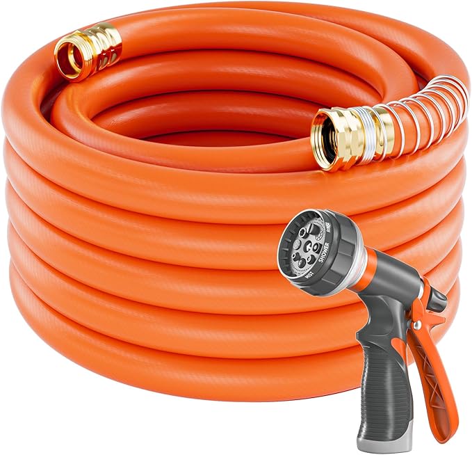 SPECILITE Garden Water Hose 75 ft x 3/4 in Heavy Duty, Flexible and Lightweight, Burst 600 psi, Kink-less Hybrid Rubber Pipe for Backyard, 3/4'' Brass Fittings, Orange