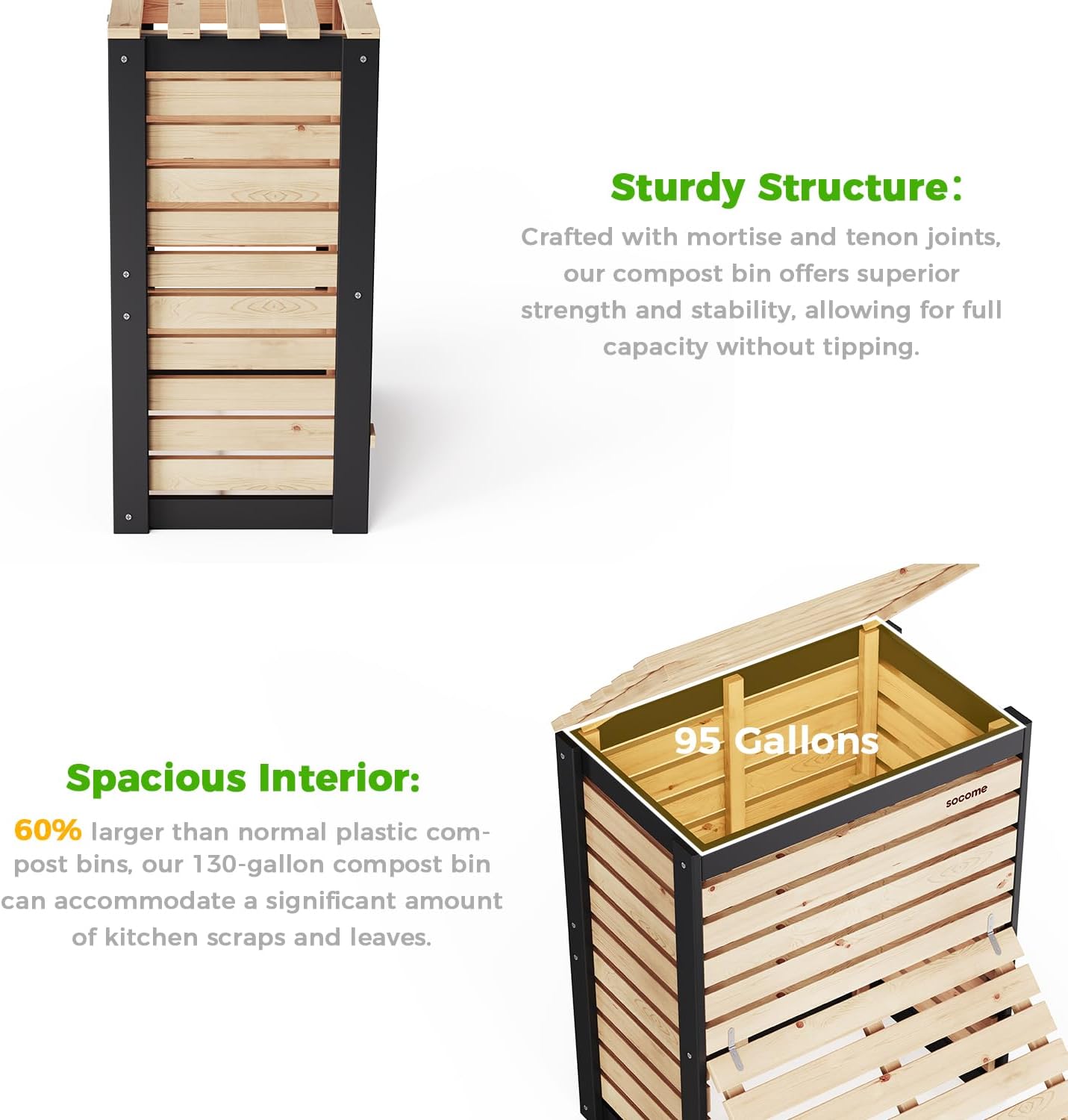 95 Gallon Solid Wood Composter, Outdoor Compost Bin with Pull-Out Door, Large Composting Bin for Backyard, Garden, Patio, Natural