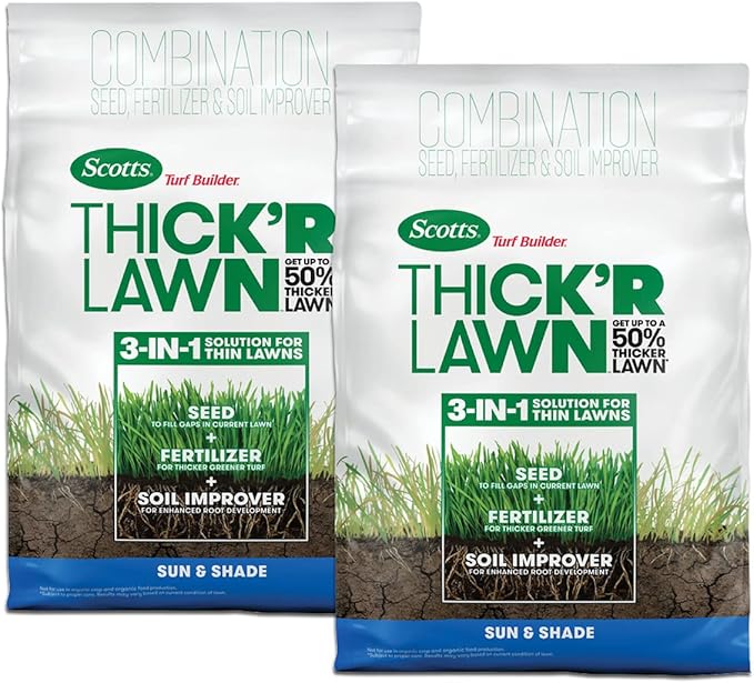 Scotts Turf Builder Thick'R Lawn Sun and Shade, Combination Seed, Fertilizer and Soil Improver, Thickens Thin Grass, 12 lbs., 2-Pack