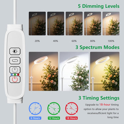 Full Spectrum Grow Light with Stand for Indoor Plants, Floor Plant Light, 6/12/18H Timer, 3 Color Modes, Adjustable Height 16.5–67in, for Large Plants & Home Décor(2 Heads White)