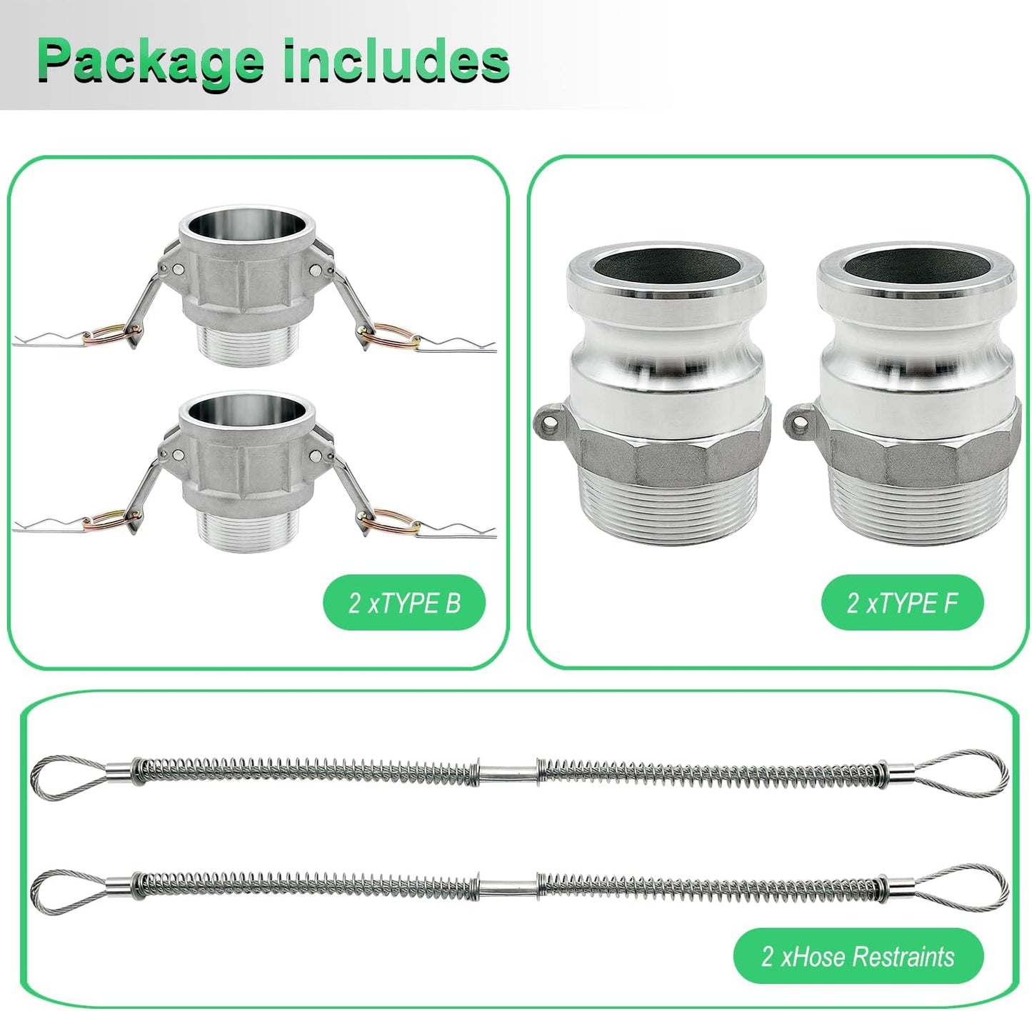 SAFBY 2PCS Type B, Type F, Aluminum Cam Lock Fittings Cam Groove Fitting Camlock Fittings, Male and Female Adapter Male NPT Thread with Whip Stop Hose Restraint