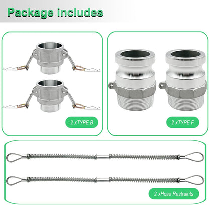 SAFBY 2PCS Type B, Type F, Aluminum Cam Lock Fittings Cam Groove Fitting Camlock Fittings, Male and Female Adapter Male NPT Thread with Whip Stop Hose Restraint