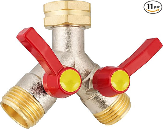 full flow Garden Hose Splitter, 3/4”GHT Inlet Brass Heavy Duty High Flow Hose Splitter 2-Way Full Flow, Hose Y-Valve Faucet Adapter, Runner and Large Outlet with Extended Handle.