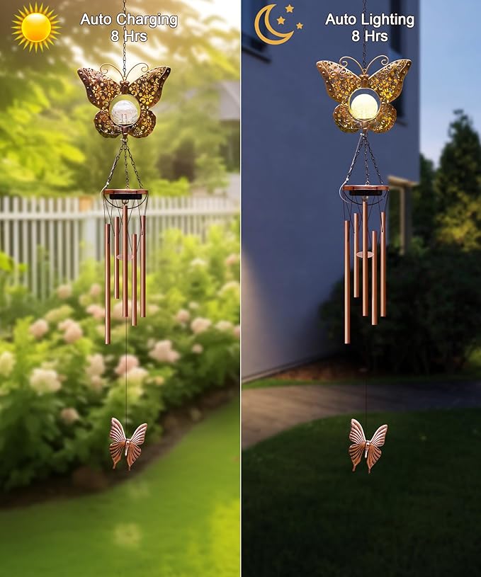 Wind Chimes Outdoor Indoor Decor: Birthday Gifts for Mom Grandma - Outside Lights for Garden Yard Patio Porch(Butterfly)