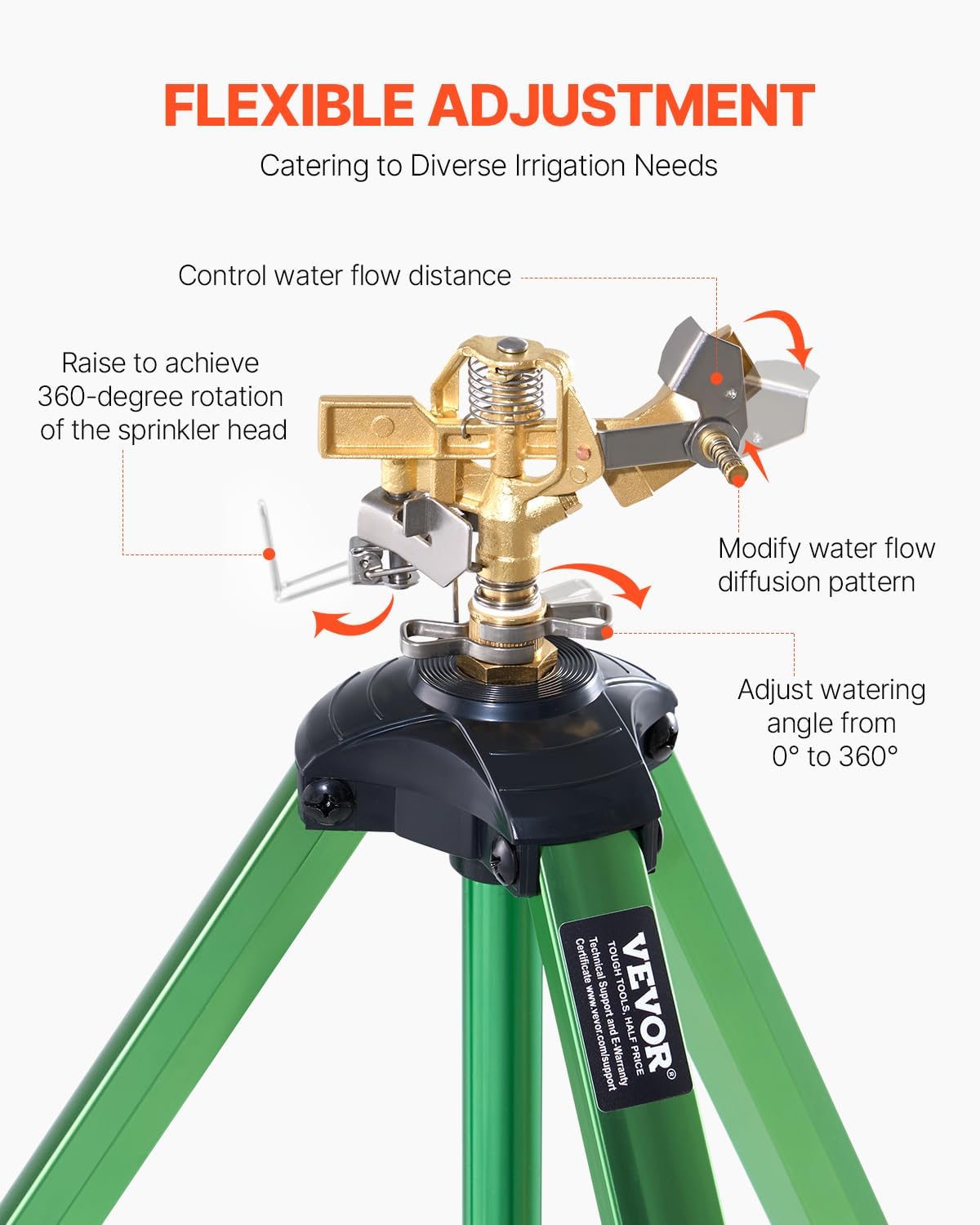 VEVOR Impact Sprinkler on Tripod Base, Heavy Duty Tripod Sprinklers with Brass Head & 3/4" Connector, 360 Degree Large Area Coverage Irrigation Sprinkler, Adjustable Heights, for Yard Green