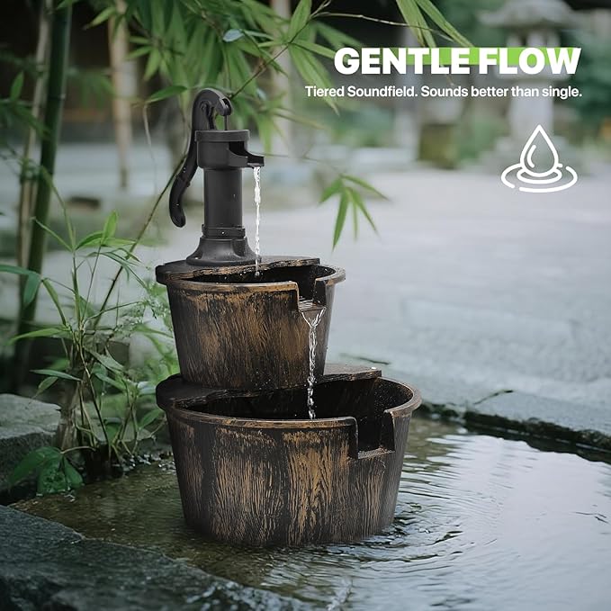 Magshion Barrel and Pump Water Fountain, Freestanding Outdoor Waterfall Fountain with Electric Recirculating Pump, 2-Tier Water Feature Decor for Garden, Patio, Backyard, or Porch, Bronze