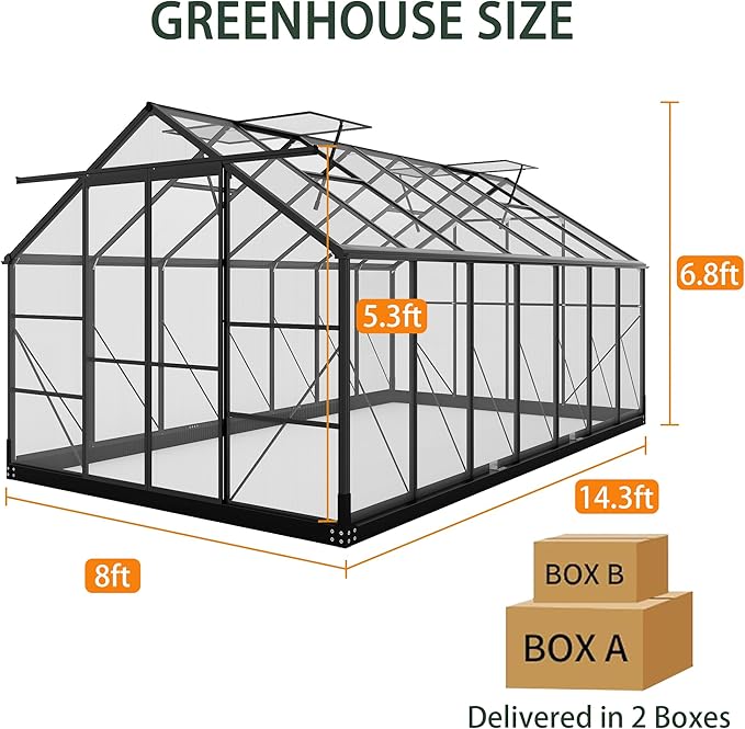 Greenhouses for Outdoors, 8x14.2 FT Polycarbonate Greenhouses with Adjustable Roof Vent, Windproof, Walk-in Aluminum Frame Green Houses for Outside with Sliding Doors, Garden(8x14.2FT)