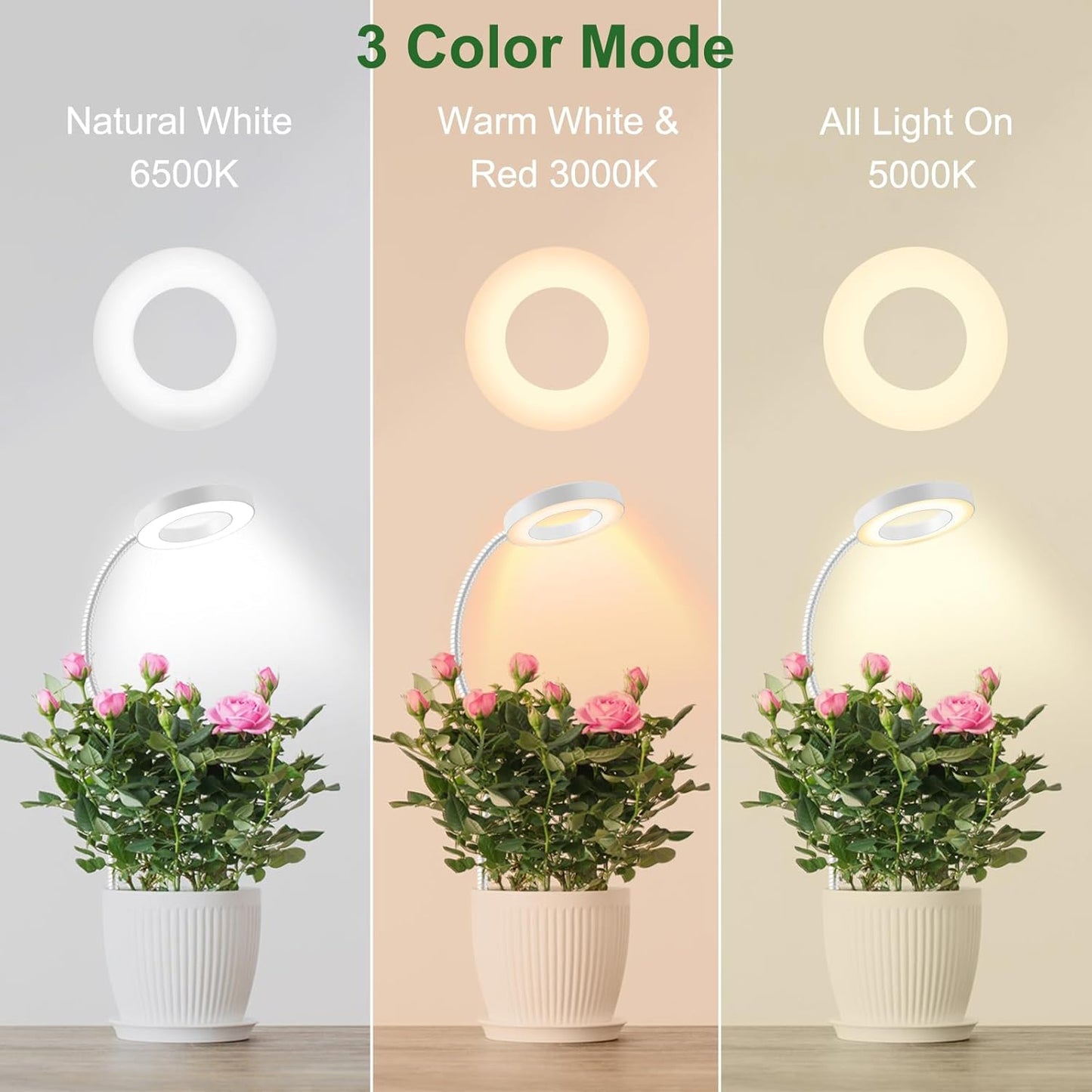 Wolezek 2 in 1 Grow Lights for Indoor Plants, 3 Colors Plant Lights for Indoor Growing with 360° Gooseneck, 48 LEDs Full Spectrum Plant Grow Lights Indoor, 6/12/16H Timer, 5 Brightness, White 2 Pack