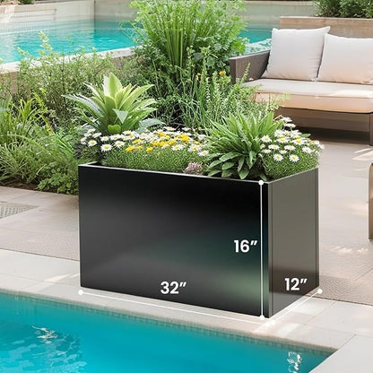 Galvanized Steel Planter Black Metal Outdoor Planter Powder Coated 32" x 12" x 16" Pot Metallic Heavy Pot Indoor & Outdoor, Commercial & Residential (L32 x W12 x D16, Black)
