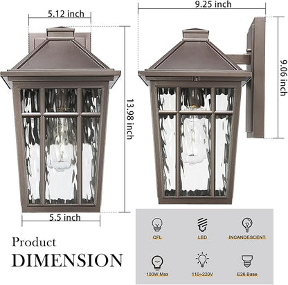 Darkaway Large Outdoor Sconce Lights Wall Light Fixtures,14inch Exterior Porch Light Outdoor Sconce Anti-Rust Waterproof Aluminum Outside Light with Water Ripple Glass for Patio Yard Doorway Garage