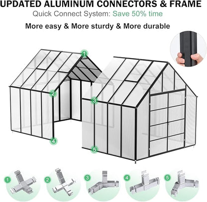 10x16 FT Greenhouse for Outdoor, Large Easy Assembly Heavy Duty Polycarbonate Panels Aluminum Frame Walk-in Green House with 3 Windows Wider Door for Garden Plants
